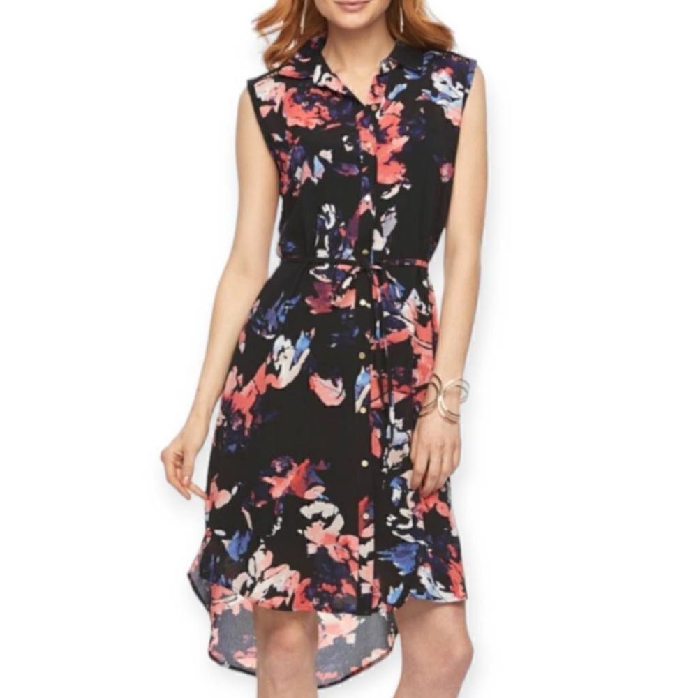 APT.9 BLACK W/PINK & PURPLE FLOWERS SLEEVELESS SHIRT DRESS SZ.XS EUC.